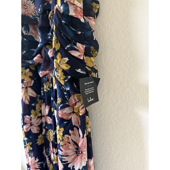 New Lulus Soiree Navy Blue Floral Print Ruched Midi Dress Size XS - Picture 5 of 8